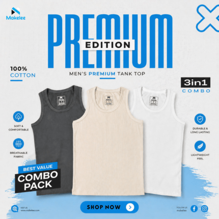 Premium Rib Cotton Tank Top – 3 Pcs Combo (Black, White & Biscuit)